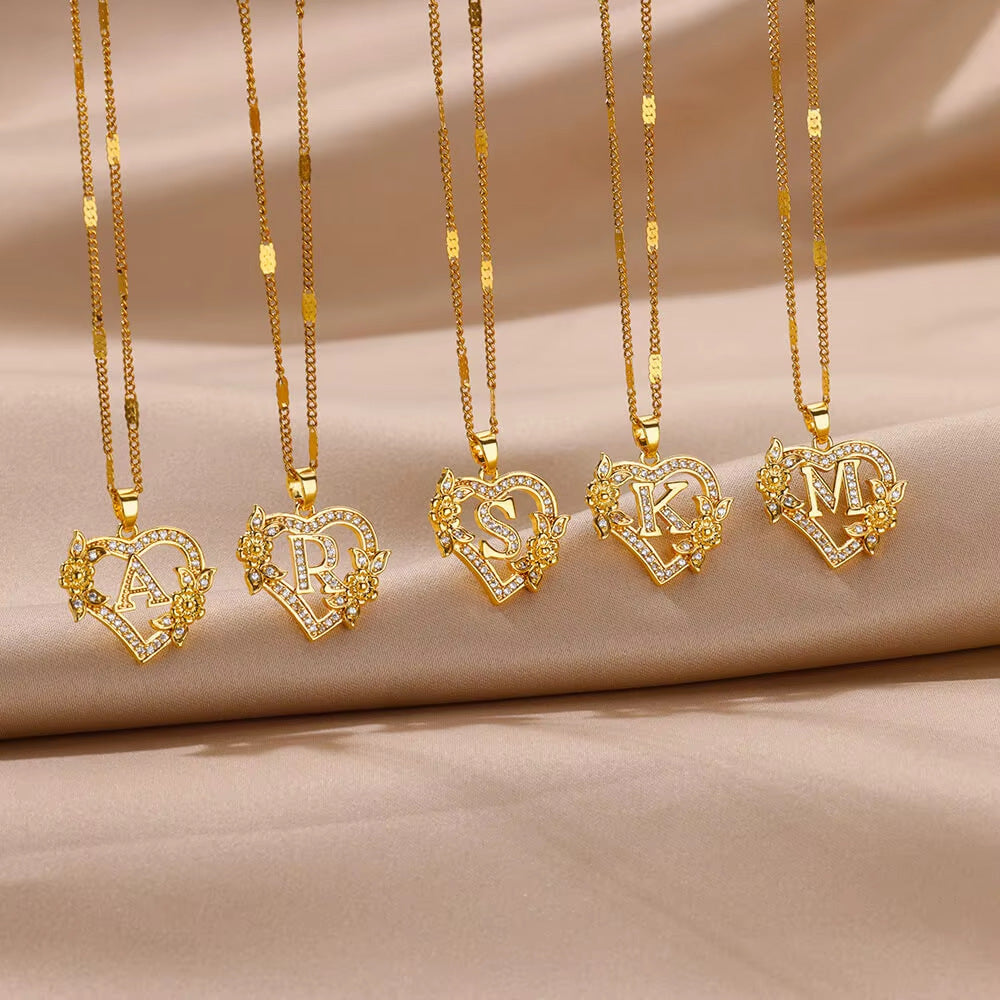 Simple Fashion Hollowed-out Love Heart Flowers 26 English Letters Diamond Pendant Necklace