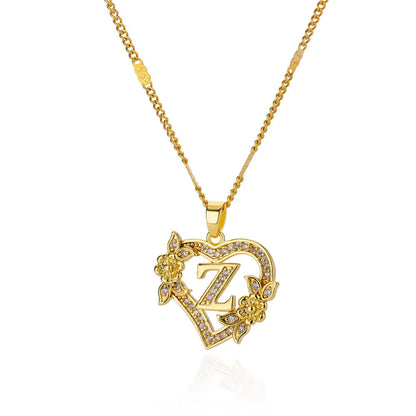 Simple Fashion Hollowed-out Love Heart Flowers 26 English Letters Diamond Pendant Necklace