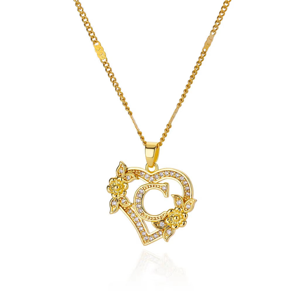 Simple Fashion Hollowed-out Love Heart Flowers 26 English Letters Diamond Pendant Necklace