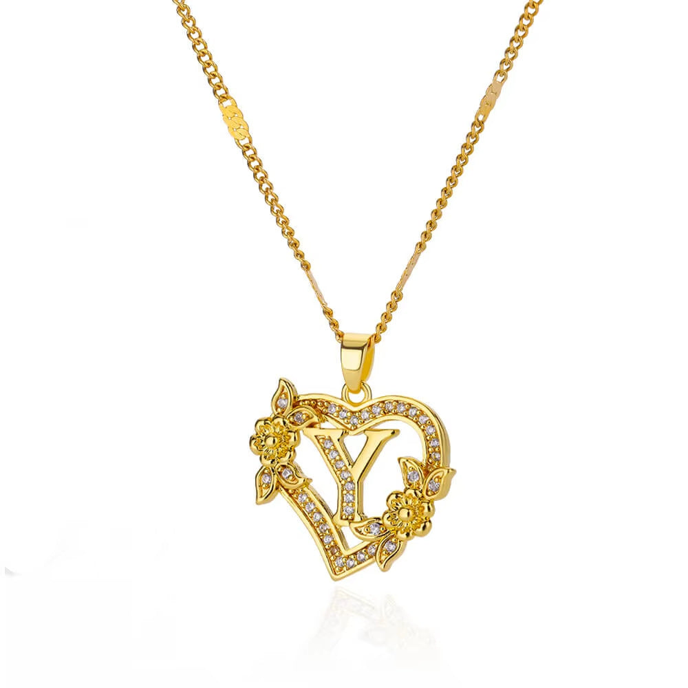 Simple Fashion Hollowed-out Love Heart Flowers 26 English Letters Diamond Pendant Necklace