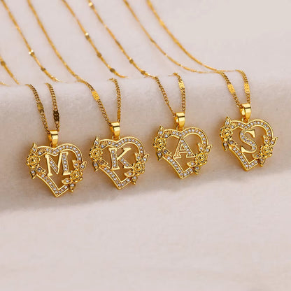 Simple Fashion Hollowed-out Love Heart Flowers 26 English Letters Diamond Pendant Necklace