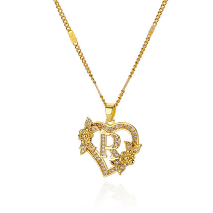 Simple Fashion Hollowed-out Love Heart Flowers 26 English Letters Diamond Pendant Necklace